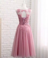 Pink Round Neck Lace Tulle Corset Prom Dress, Lace Evening Dresses outfit, Homecoming Dress Elegant