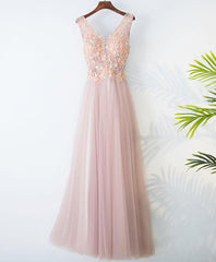 Pink V Neck Lace Long Corset Prom Dress, Evening Dress outfit, Homecoming Dresses Laces