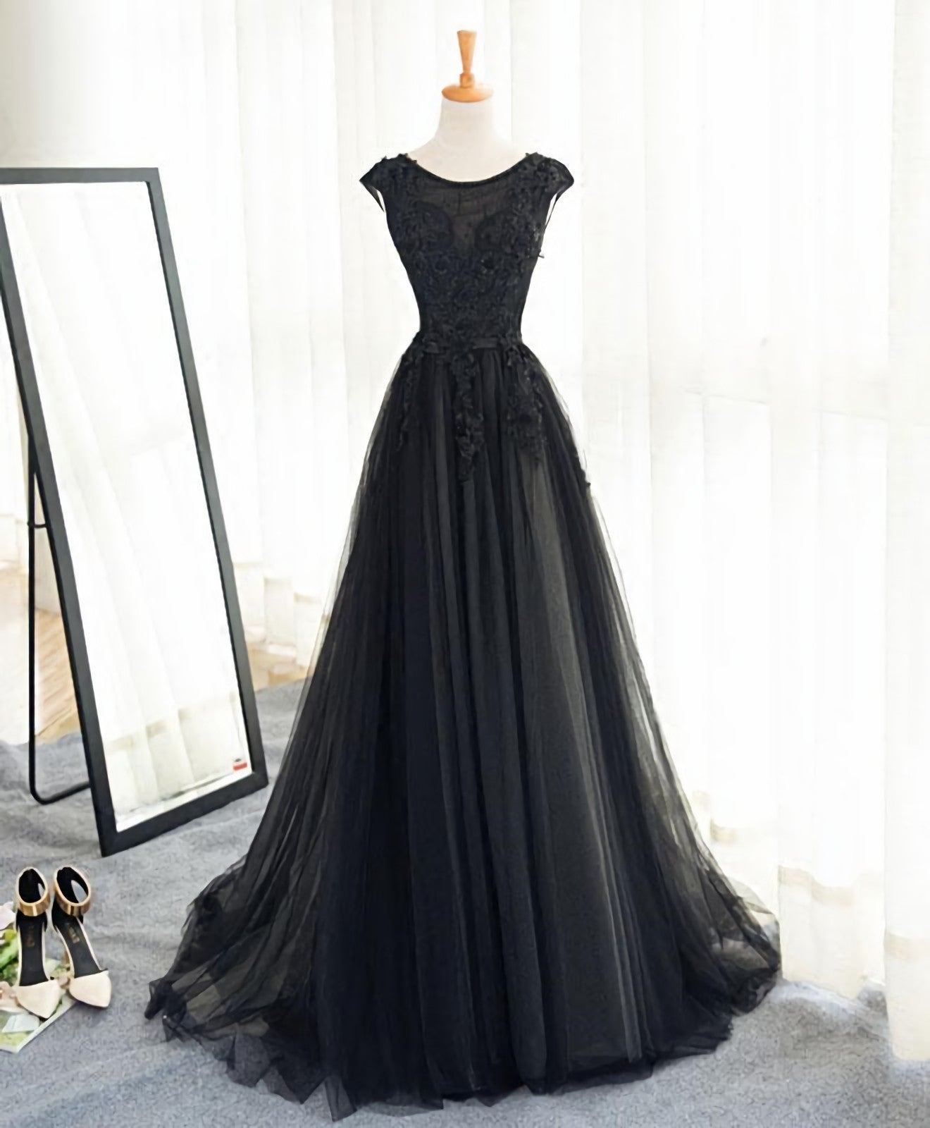 Black A Line Tulle Lace Long Corset Prom Dress, Evening Dress outfit, Homecoming Dress Sweetheart