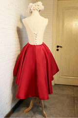 A Line Red Appliques Lace High Low Lace Up Satin Scoop Corset Homecoming Dresses outfit, Flowy Dress
