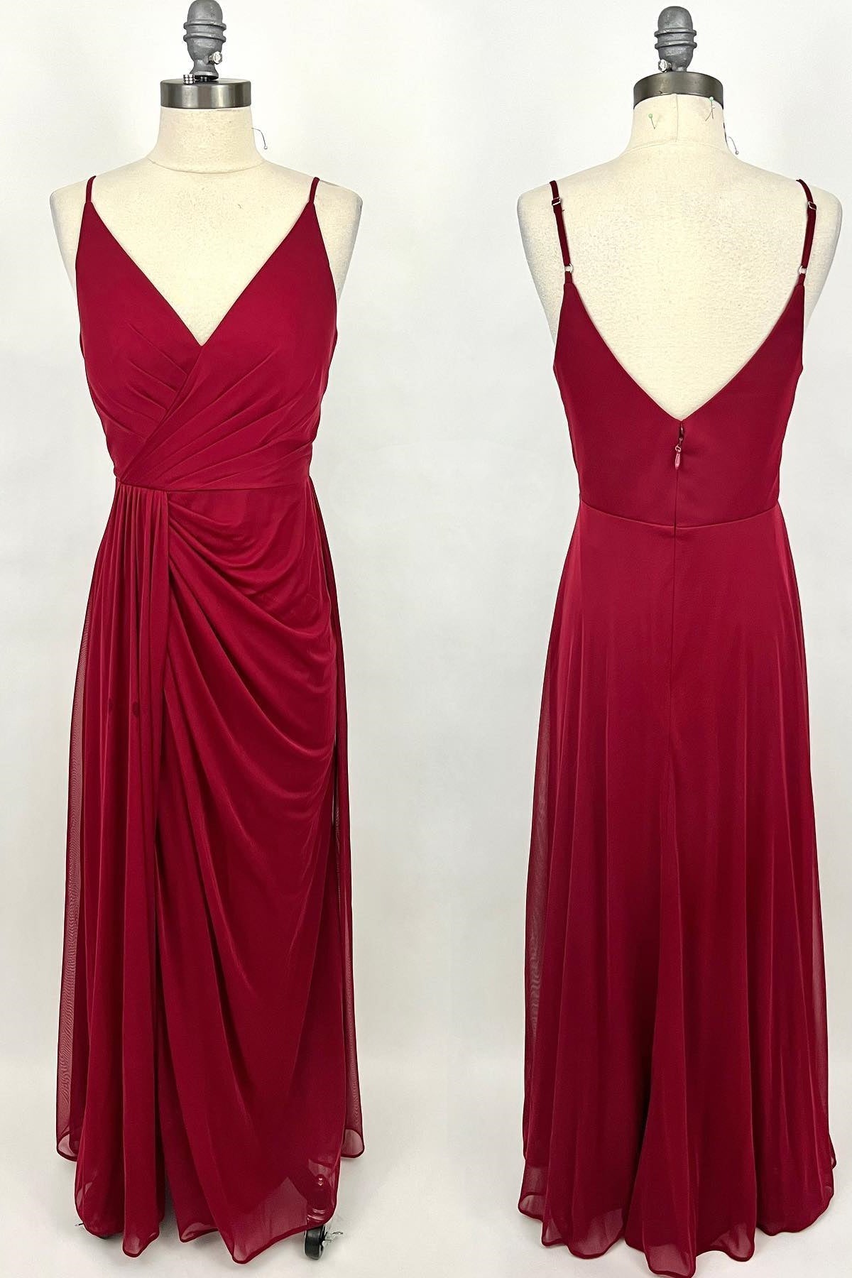 Wine Red Ruched V Neck Long Corset Bridesmaid Dress outfit, Homecoming Dresses Classy