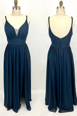 Navy Blue Chiffon A-line Long Corset Bridesmaid Dress with Buttons outfit, Prom Dresses Prom Dresses