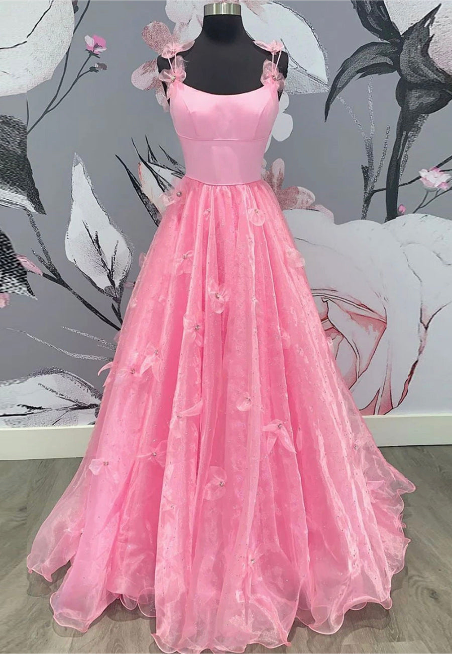 Pink Tulle Long A-Line Corset Prom Dresses, Pink Evening Dresses outfit, Bridesmaids Dresses Chiffon