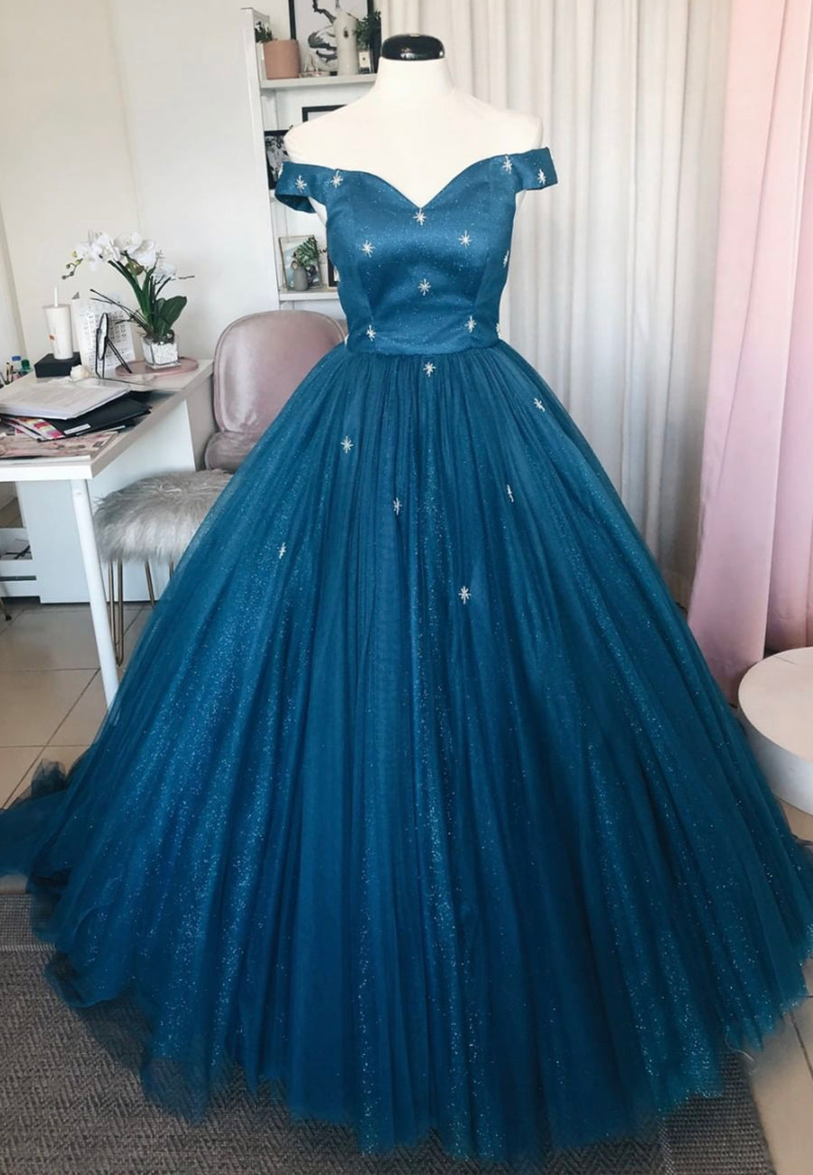 Blue Tulle Long A-Line Corset Prom Dresses, Off the Shoulder Evening Dresses outfit, Party Dresses White