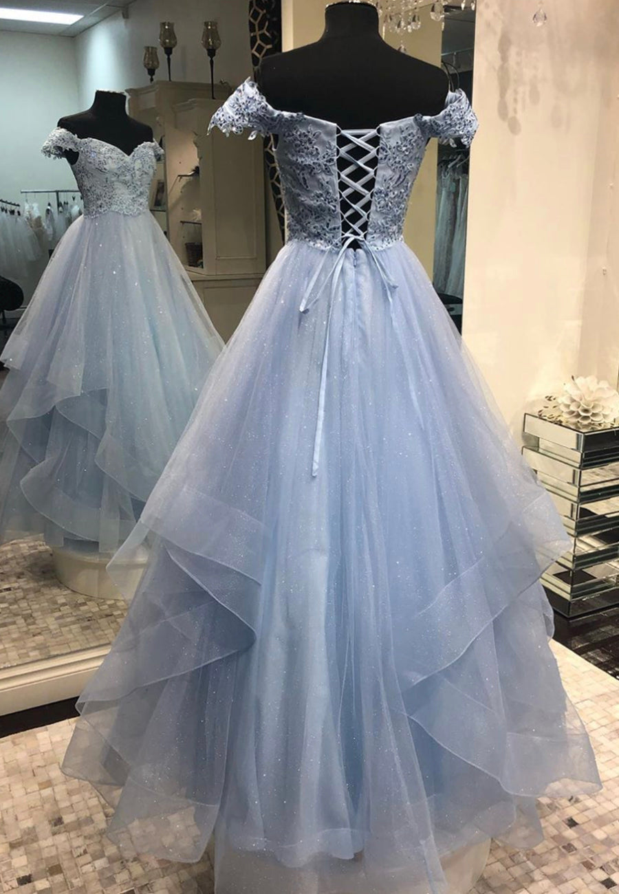 Blue Tulle Lace Long A-Line Corset Prom Dresses outfit, Party Dresses Night