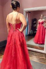 Red A-Line Corset Lace Long Corset Prom Dress outfits, Red A-Line Corset Lace Long Prom Dress