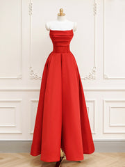 Red A-Line Satin Long Corset Prom Dress, Red Long Corset Formal Dress outfit, Evening Dress Sleeve