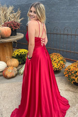 Red A-Line Satin Spaghetti Straps Corset Prom Dress with Slit Gowns, Red A-Line Satin Spaghetti Straps Prom Dress with Slit