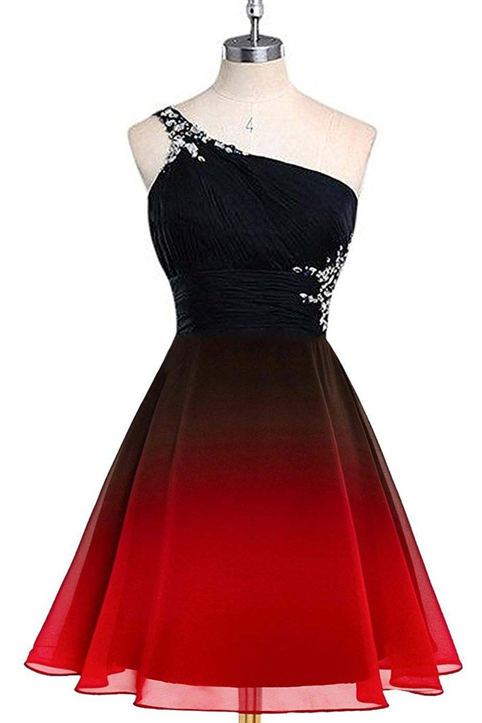 Red and Black One Shoulder Chiffon Beaded Corset Homecoming Dress, Gradient Short Corset Prom Dress outfits, Bridesmaid Dressing Gown