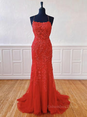 Red Backless Lace Corset Prom Dresses, Red Open Back Lace Corset Formal Evening Dresses outfit, Bridesmaids Dresses Modest