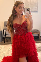 Red Beaded A-Line Tiered High Low Corset Prom Corset Homecoming Dress outfit, Red Beaded A-Line Tiered High Low Prom Homecoming Dress