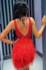 Red Beaded Sequins Tight Corset Homecoming Dress with Feathers outfit, Red Beaded Sequins Tight Homecoming Dress with Feathers