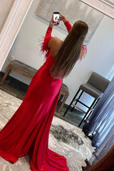 Red Detachable Long Sleeves Long Corset Prom Dress with Feathers outfit, Red Detachable Long Sleeves Long Prom Dress with Feathers