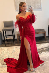 Red Detachable Long Sleeves Long Corset Prom Dress with Feathers outfit, Red Detachable Long Sleeves Long Prom Dress with Feathers