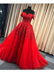 Red Gorgeous Sweetheart Off Shoulder Lace Applique Corset Ball Gown Corset Prom Dress, Red Evening Dress Party Dress Outfits, Bridesmaids Dress Affordable