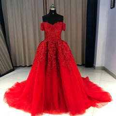 Red Gorgeous Sweetheart Off Shoulder Lace Applique Corset Ball Gown Corset Prom Dress, Red Evening Dress Party Dress Outfits, Bridesmaids Dresses Cheap