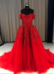 Red Gorgeous Sweetheart Off Shoulder Lace Applique Corset Ball Gown Corset Prom Dress, Red Evening Dress Party Dress Outfits, Bridesmaid Dress Affordable