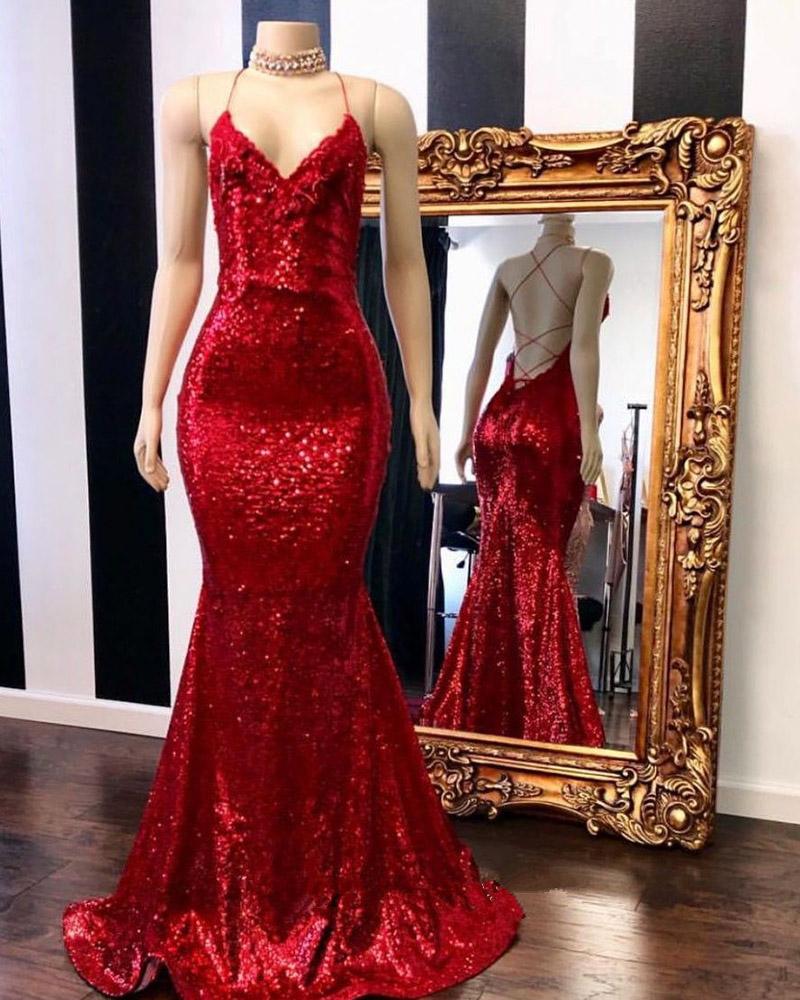 Red Halter Sequins Sparkle Evening Gowns Sexy Mermaid Dresses Long Maxi Dress outfit, Prom Dresses Long Sleeves