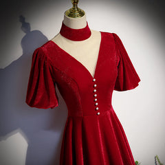 Red High Neckline Velvet Long Party Dress, Red Short Sleeves Velvet Corset Prom Dress outfits, Bridesmaide Dress Colors