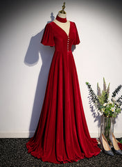Red High Neckline Velvet Long Party Dress, Red Short Sleeves Velvet Corset Prom Dress outfits, Bridesmaid Dress Colorful