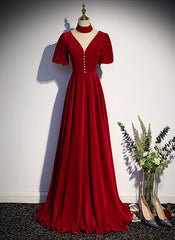 Red High Neckline Velvet Long Party Dress, Red Short Sleeves Velvet Corset Prom Dress outfits, Bridesmaids Dresses Color