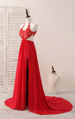 Red Hight Neck Chiffon Lace Applique Long Corset Prom Dress, Red Corset Formal Dress outfit, Dinner Dress Classy