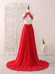 Red Hight Neck Chiffon Lace Applique Long Corset Prom Dress, Red Corset Formal Dress outfit, Fancy Outfit