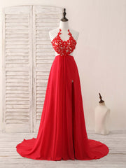 Red Hight Neck Chiffon Lace Applique Long Corset Prom Dress, Red Corset Formal Dress outfit, Prom 2036