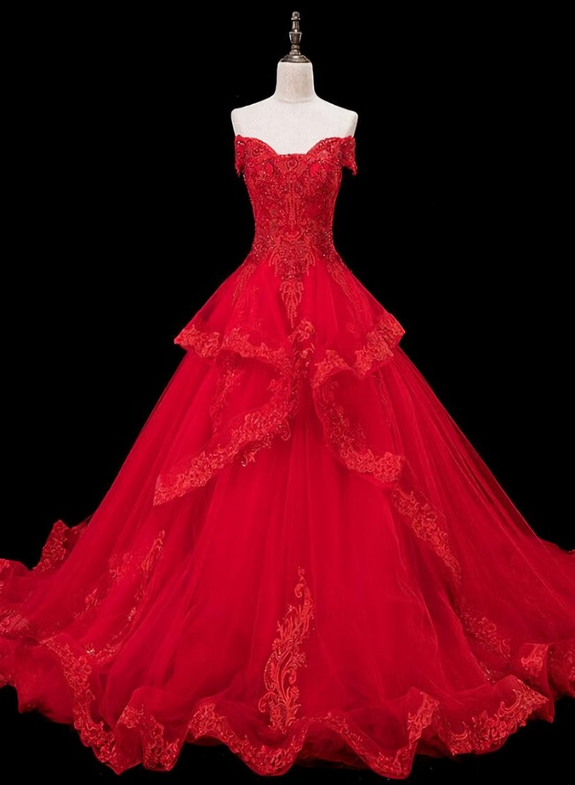 Red Lace and Tulle Gorgeous Off Shoulder Princess Sweet 16 Dress, Red Corset Formal Gown outfit, Bridesmaid Dresses Blues