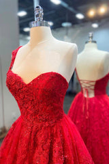 Red Lace Long A-Line Corset Prom Dress, One Shoulder Evening Dress outfit, Bridesmaid Dresse Styles
