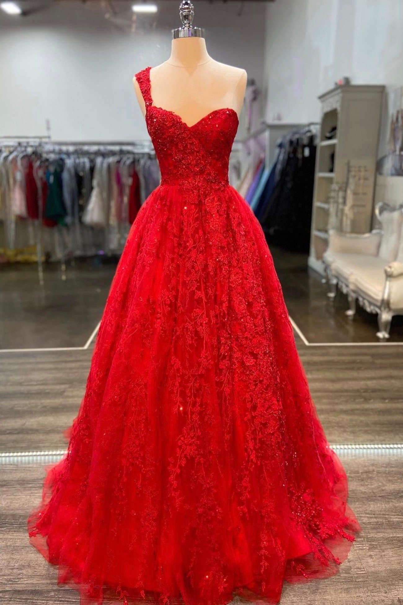 Red Lace Long A-Line Corset Prom Dress, One Shoulder Evening Dress outfit, Bridesmaids Dress Styles
