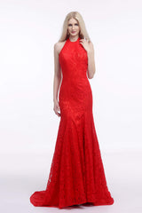 Red Lace Mermaid Halter Backless Long Corset Prom Dresses outfit, Corset Prom Dress