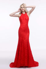 Red Lace Mermaid Halter Backless Long Corset Prom Dresses outfit, Party Outfit Night