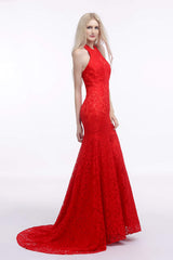 Red Lace Mermaid Halter Backless Long Corset Prom Dresses outfit, Formal Attire