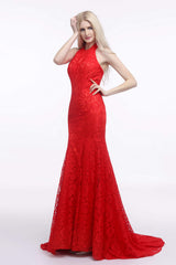 Red Lace Mermaid Halter Backless Long Corset Prom Dresses outfit, Party Dress Code Man