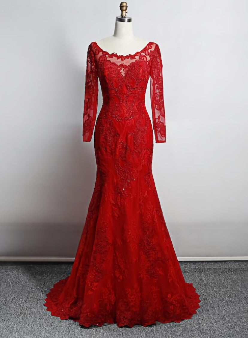Red Lace Mermaid Long Sleeves Evening Gown, Red Lace Corset Wedding Party Dress Outfits, Wedding Dresses Simple Elegant