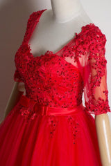 Red Lace Short Sleeves Tulle Knee Length Party Dresses, Red Short Corset Formal Dresses outfit, Prom Dress Graduacion