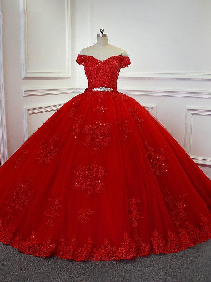 Red Long Princess Off the Shoulder Tulle Lace Corset Wedding Dresses outfit, Weddings Dress Lace