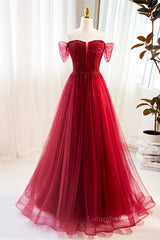 Red Off-Shoulder Beaded A-line Tulle Long Corset Prom Dress outfits, Ball Gown