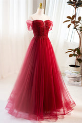 Red Off-Shoulder Beaded A-line Tulle Long Corset Prom Dress outfits, Mini Dress