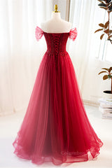 Red Off-Shoulder Beaded A-line Tulle Long Corset Prom Dress outfits, Black Wedding Dress