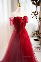 Red Off-Shoulder Beaded A-line Tulle Long Corset Prom Dress outfits, Blue Prom Dress