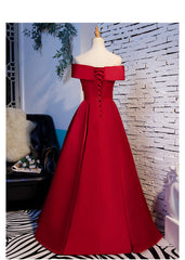 Red Off Shoulder Satin A-line Sweetheart Long Corset Prom Dress, Red Long Evening Dress Corset Formal Dress outfit, Bridesmaids Dresses With Sleeves