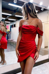 Red Off the Shoulder Asymmetrical Tight Short Corset Homecoming Dress outfit, Red Off the Shoulder Asymmetrical Tight Short Homecoming Dress