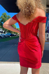 Red Off the Shoulder Tight Short Corset Homecoming Dress with Lace Outfits, Red Off the Shoulder Tight Short Homecoming Dress with Lace