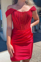 Red Off the Shoulder Tight Short Corset Homecoming Dress with Lace Outfits, Red Off the Shoulder Tight Short Homecoming Dress with Lace