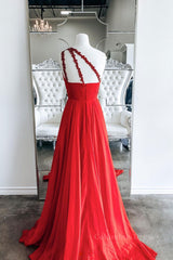 Red one shoulder long Corset Prom dress red evening dress outfit, Prom Dresses Floral