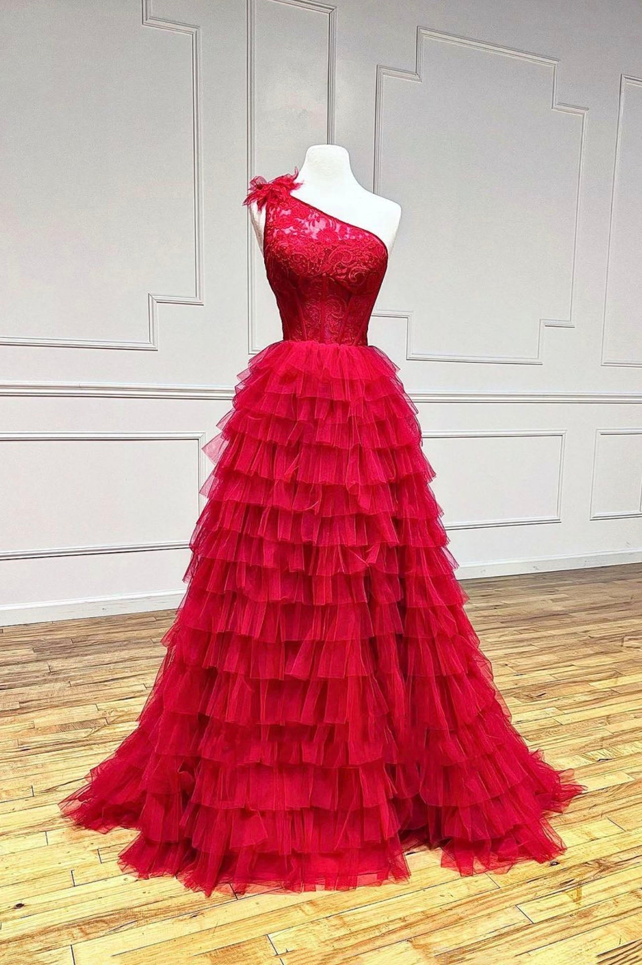 Red One Shoulder Tulle Layers Long Corset Prom Dress with Lace, A-Line Evening Party Dress Outfits, Party Dress Outfits Ideas