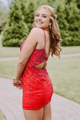 Red Open Back Sequins Tight Corset Homecoming Dress outfit, Red Open Back Sequins Tight Homecoming Dress