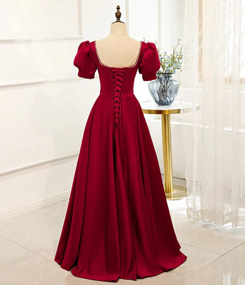 Red Puff Sleeve Corset Prom Dress / Red Corset Bridesmaid Dress / Victorian Dress outfits, Backless Dress